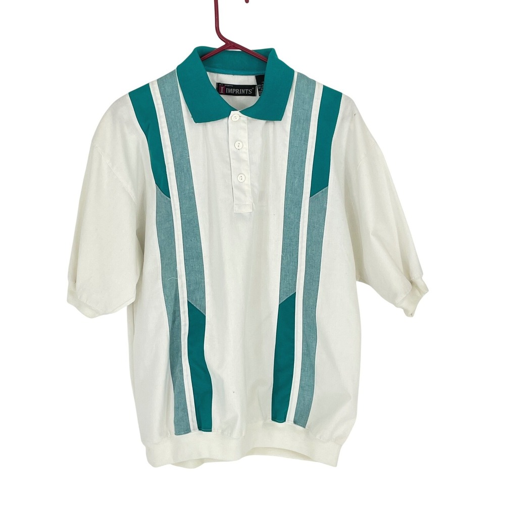 Vtg‎ ME Sports Imprints Mens Polo L Top White Teal Geometric Retro 90s Bowling